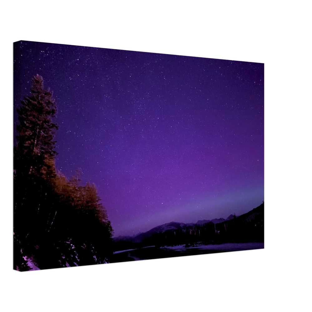 Vibrant Purple River Canvas Print – Northern Lights Wall Art — aurora borealis over a violet river