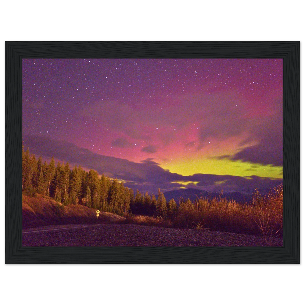 Sunset Aurora Mountain Framed Print – Canadian Rockies Wall Art — aurora borealis over jagged Rocky Mountain peaks at sunset