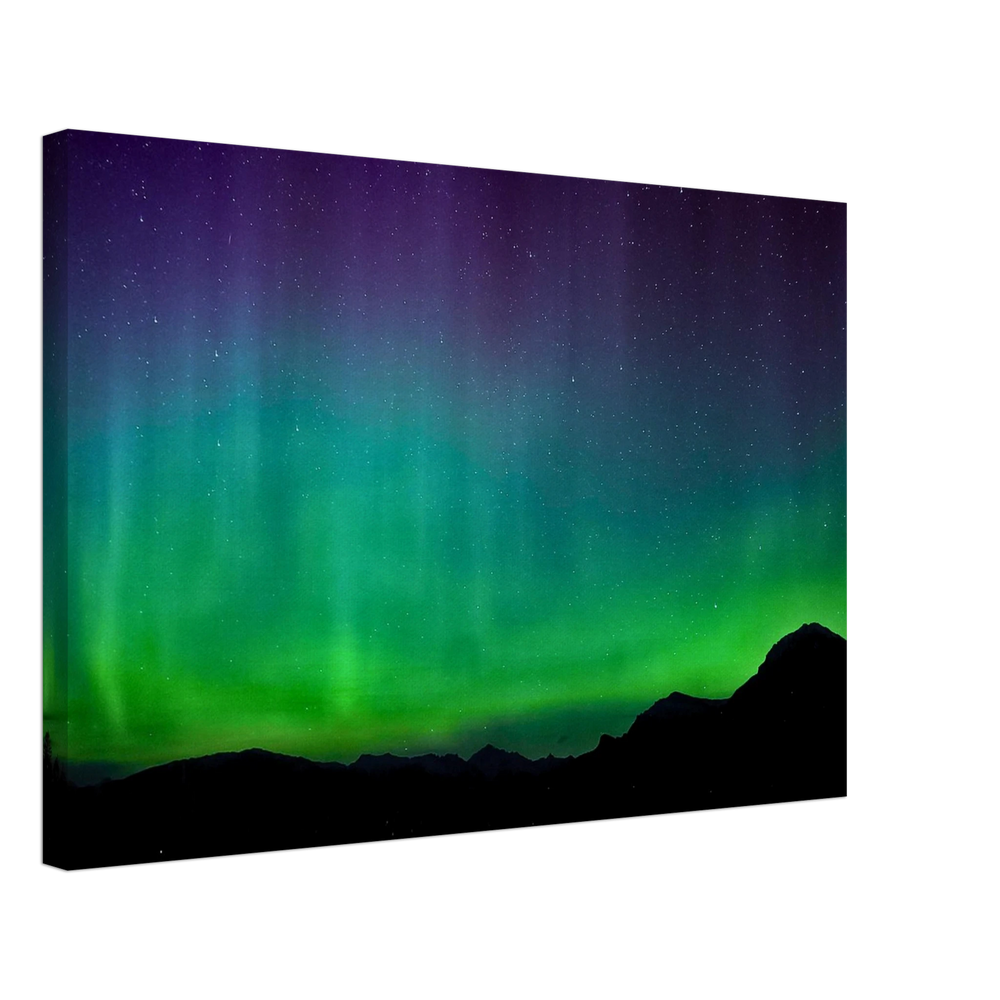 Turquoise Aurora Rockies Canvas Print – Northern Lights Wall Art — aurora borealis over snow-capped Rockies peaks