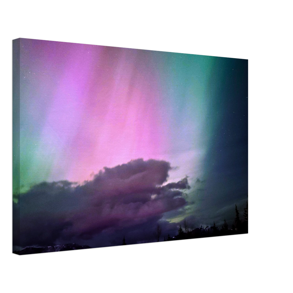Pink & Green Aurora Reflection Canvas Print – Northern Lights Wall Art — aurora borealis over still water with a pink and green reflection