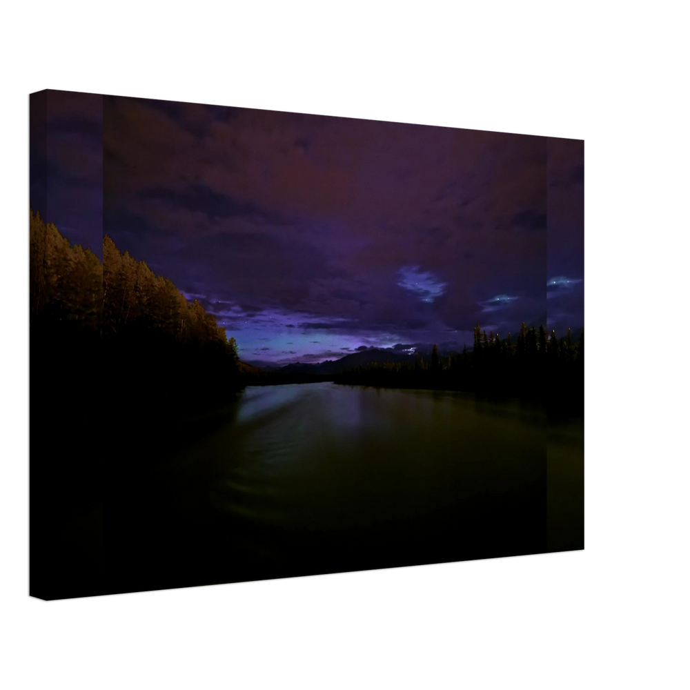 Starry River Reflection Canvas Print – Northern Lights Wall Art — aurora borealis over a calm river reflecting a starry sky