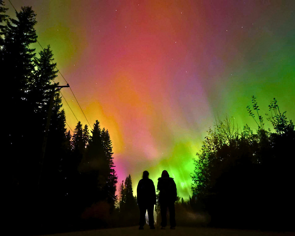 Two friends standing together beneath a vibrant aurora borealis, surrounded by the dark mountain landscape of Golden, British Columbia. Green and purple Northern Lights stretch across the night sky above them.