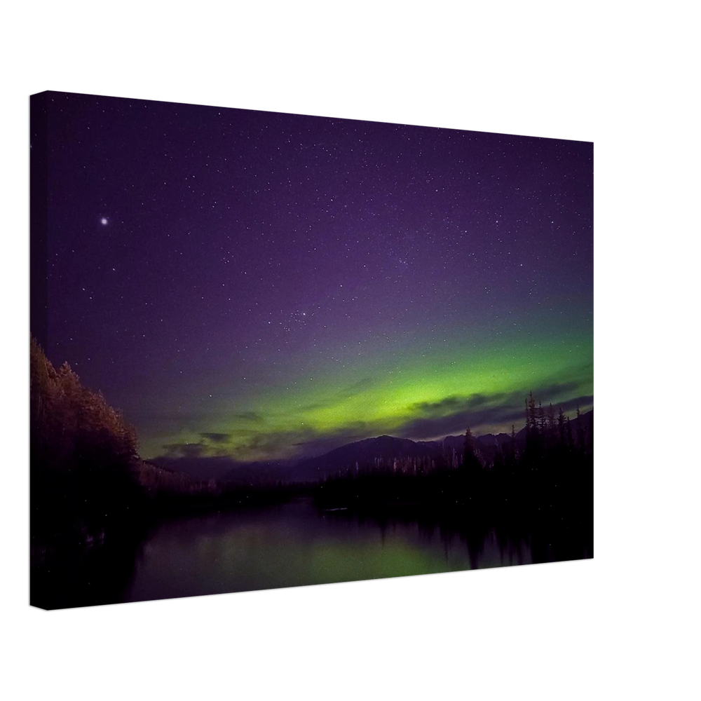 Purple Aurora Mountain River Canvas Print – Northern Lights Wall Art — aurora borealis over a dark mountain river