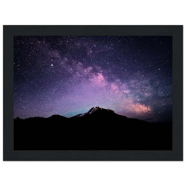 Milky Way Rockies Framed Print – Starry Night Sky Wall Art — aurora borealis over rugged mountain peaks beneath the Milky Way