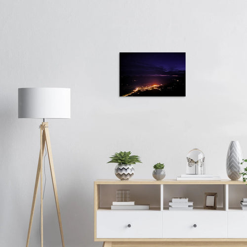 Mountain Town Lights Canvas Print – Canadian Rockies Northern Lights Wall Art — aurora borealis over a mountain town's glowing lights