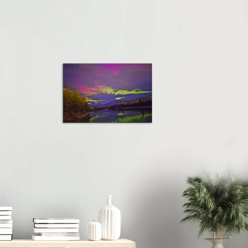 Pink Aurora Lake Reflection Canvas Print – Northern Lights Wall Art — aurora borealis over a still mountain lake with a pink reflection