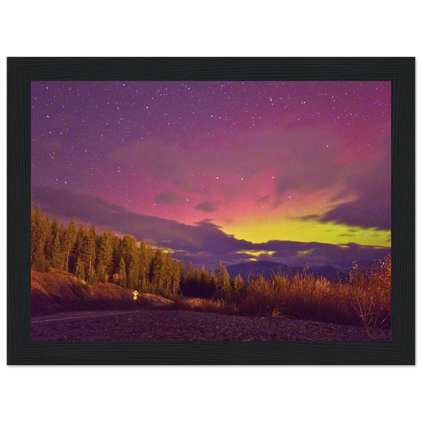 Sunset Aurora Mountain Framed Print – Canadian Rockies Wall Art — aurora borealis over jagged Rocky Mountain peaks at sunset