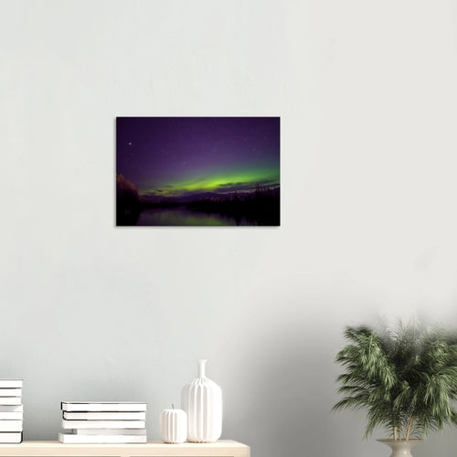 Purple Aurora Mountain River Canvas Print – Northern Lights Wall Art — aurora borealis over a dark mountain river
