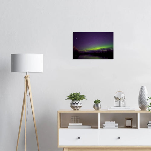 Purple Aurora Mountain River Canvas Print – Northern Lights Wall Art — aurora borealis over a dark mountain river