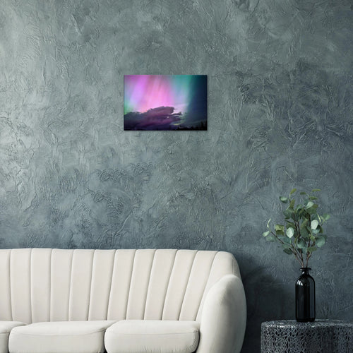 Pink & Green Aurora Reflection Canvas Print – Northern Lights Wall Art — aurora borealis over still water with a pink and green reflection