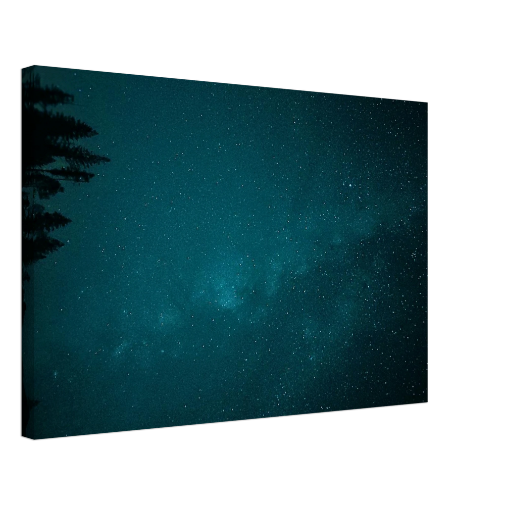 Teal Milky Way Canvas Print – Northern Lights Wall Art — aurora borealis over a dark treeline beneath a teal Milky Way