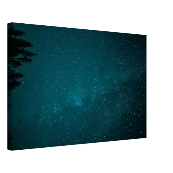 Teal Milky Way Canvas Print – Northern Lights Wall Art — aurora borealis over a dark treeline beneath a teal Milky Way