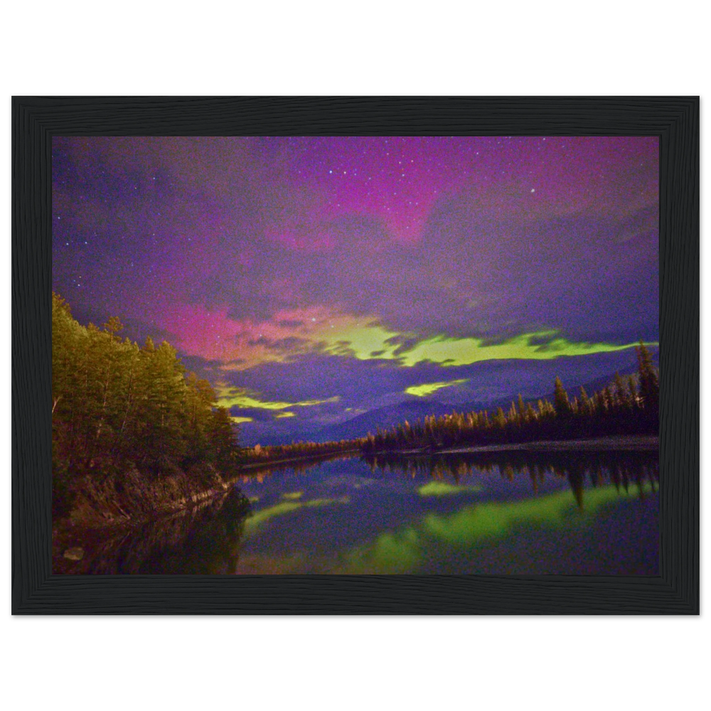 Pink Aurora Lake Reflection Framed Print – Northern Lights Wall Art — aurora borealis over a still lake with a pink reflection