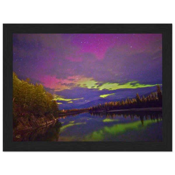 Pink Aurora Lake Reflection Framed Print – Northern Lights Wall Art — aurora borealis over a still lake with a pink reflection