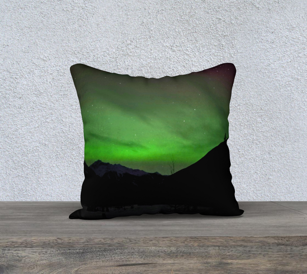 Green Aurora Mountain Throw Pillow | Northern Lights Cotton Canvas Cushion