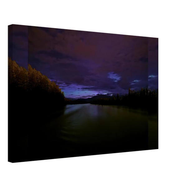 Starry River Reflection Canvas Print – Northern Lights Wall Art — aurora borealis over a calm river reflecting a starry sky