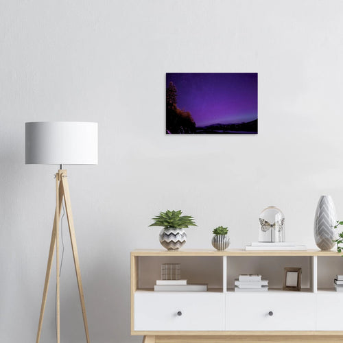 Vibrant Purple River Canvas Print – Northern Lights Wall Art — aurora borealis over a violet river
