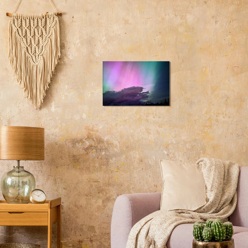 Pink & Green Aurora Reflection Canvas Print – Northern Lights Wall Art — aurora borealis over still water with a pink and green reflection