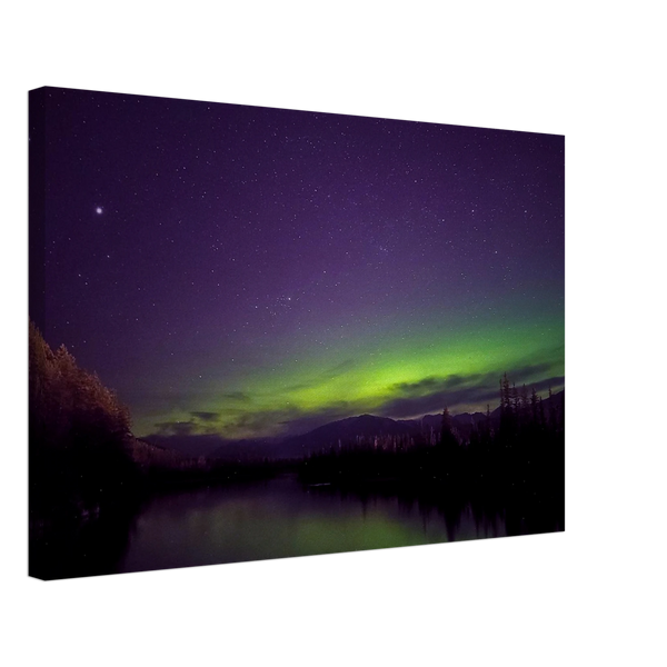 Purple Aurora Mountain River Canvas Print – Northern Lights Wall Art — aurora borealis over a dark mountain river