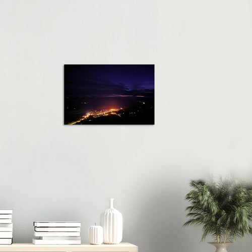 Mountain Town Lights Canvas Print – Canadian Rockies Northern Lights Wall Art — aurora borealis over a mountain town's glowing lights