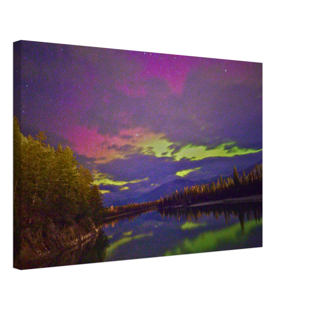 Pink Aurora Lake Reflection Canvas Print – Northern Lights Wall Art — aurora borealis over a still mountain lake with a pink reflection