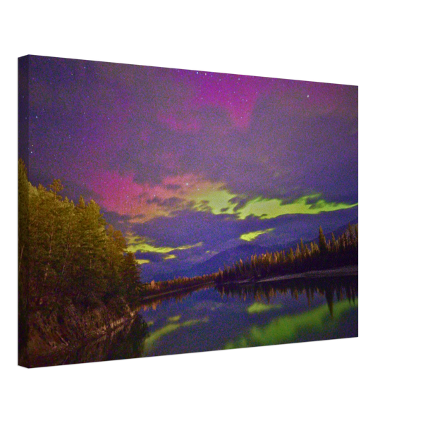 Pink Aurora Lake Reflection Canvas Print – Northern Lights Wall Art — aurora borealis over a still mountain lake with a pink reflection