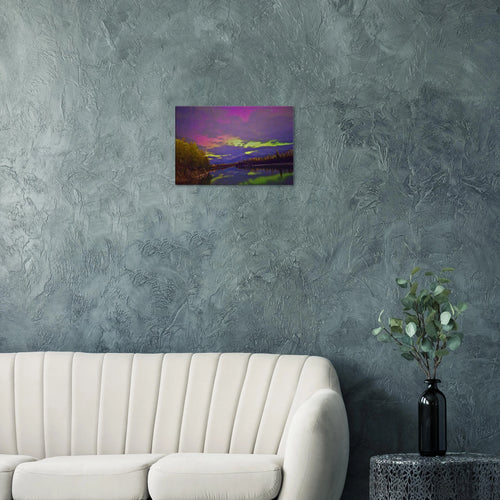 Pink Aurora Lake Reflection Canvas Print – Northern Lights Wall Art — aurora borealis over a still mountain lake with a pink reflection