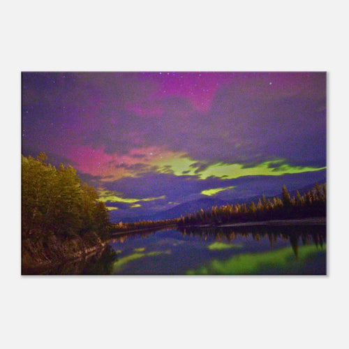 Pink Aurora Lake Reflection Canvas Print – Northern Lights Wall Art — aurora borealis over a still mountain lake with a pink reflection